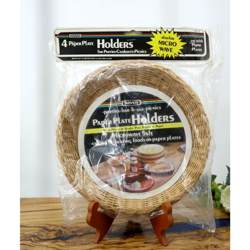 Vintage NEVCO 4 Wicker Paper Plate Holders for BBQ Cookout Camping Picnic Bamboo